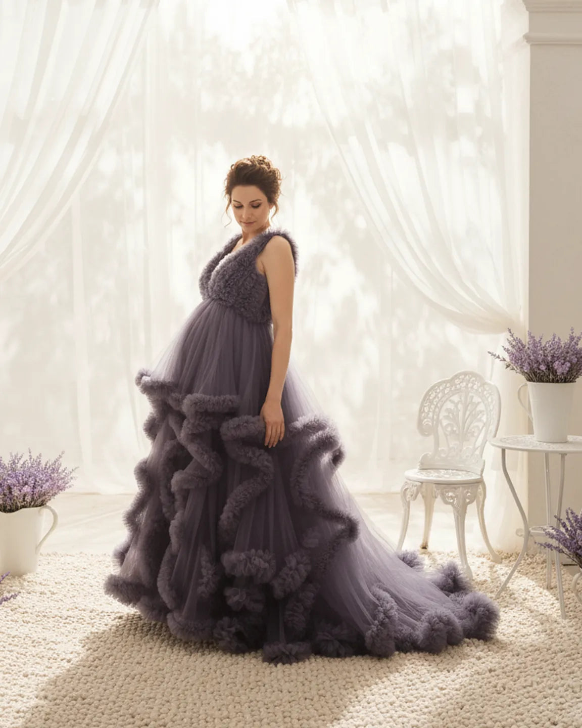 Bump Society – The Comfort Collection: Ruffled Bodice Multi-Layer Mesh Pleats Maternity Gown