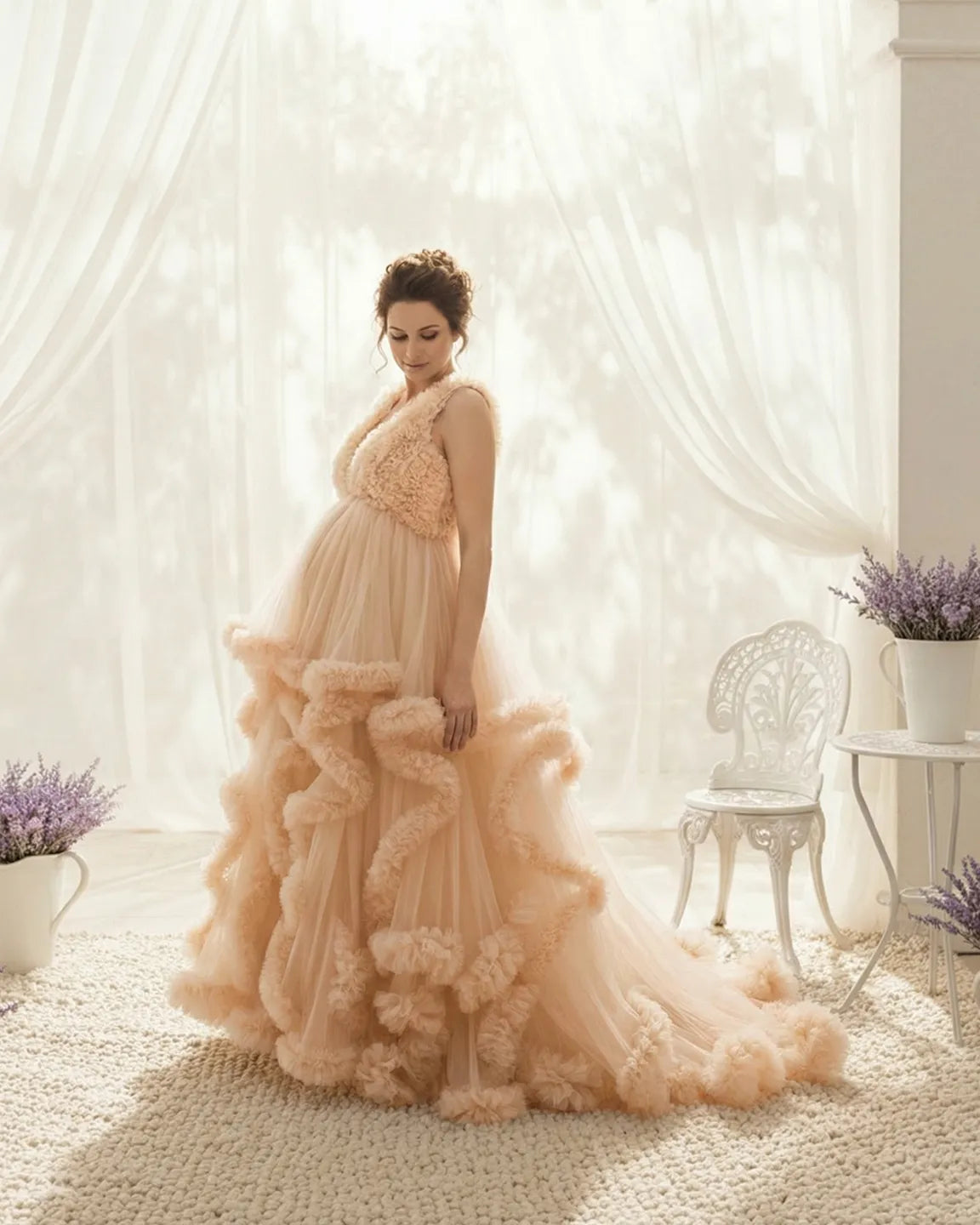 Bump Society – The Comfort Collection: Ruffled Bodice Multi-Layer Mesh Pleats Maternity Gown