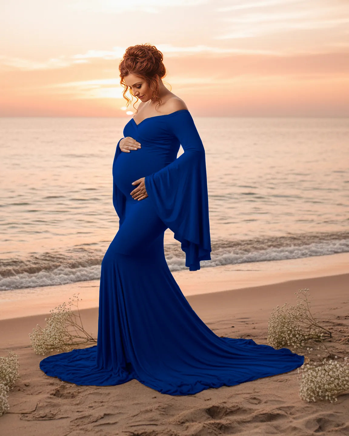 Bump Society – The Comfort Collection: Flared Sleeve Fishtail Train Maternity Photoshoot Dress