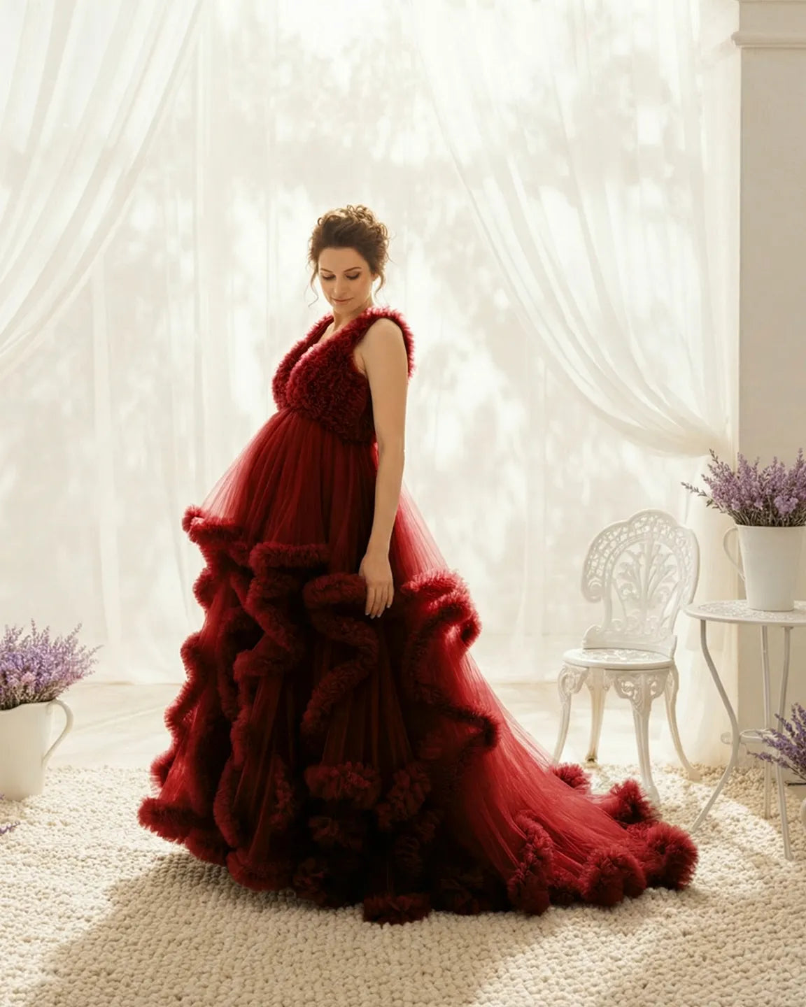 Bump Society – The Comfort Collection: Ruffled Bodice Multi-Layer Mesh Pleats Maternity Gown