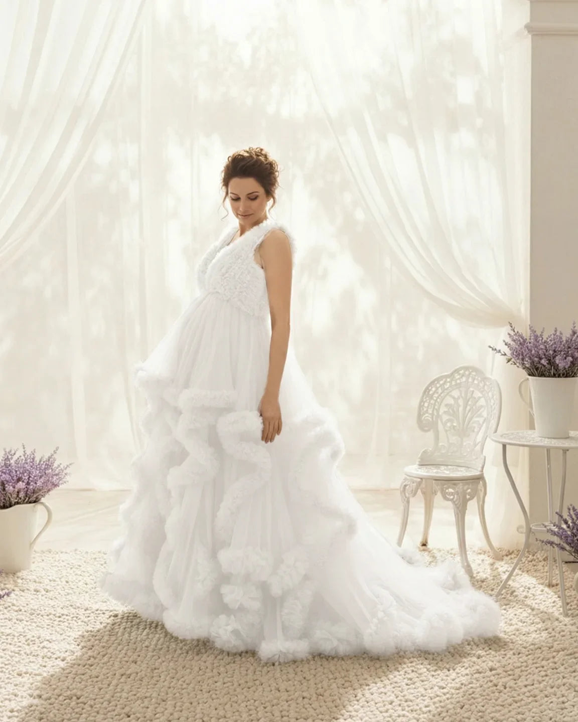 Bump Society – The Comfort Collection: Ruffled Bodice Multi-Layer Mesh Pleats Maternity Gown