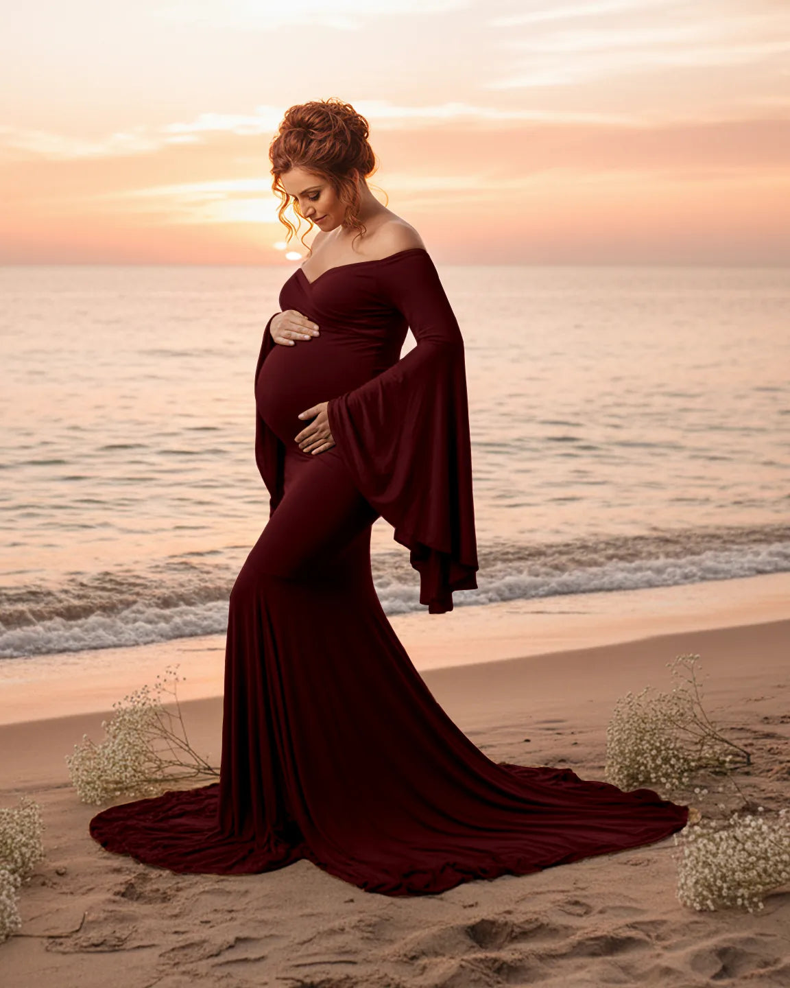 Bump Society – The Comfort Collection: Flared Sleeve Fishtail Train Maternity Photoshoot Dress