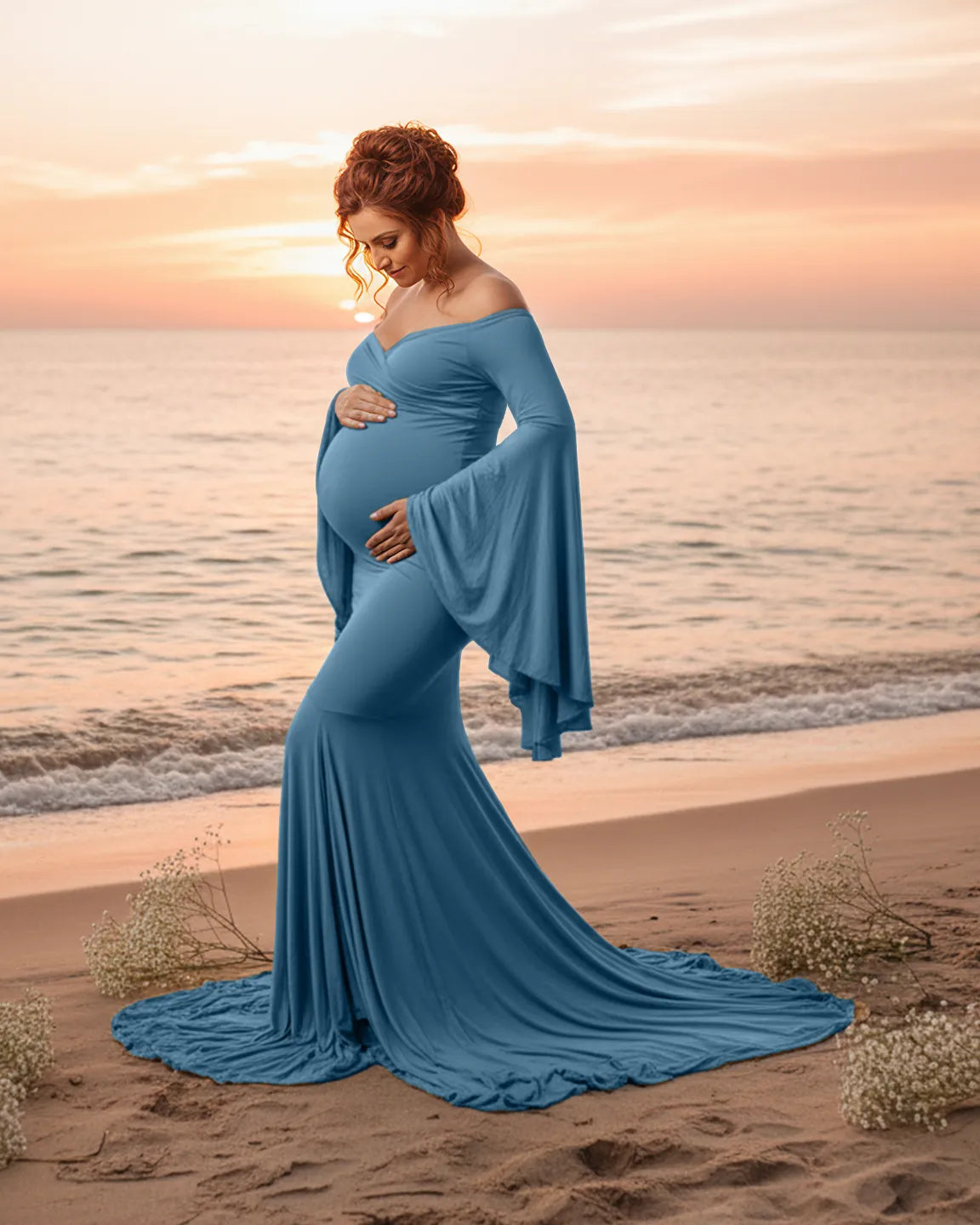 Bump Society – The Comfort Collection: Flared Sleeve Fishtail Train Maternity Photoshoot Dress