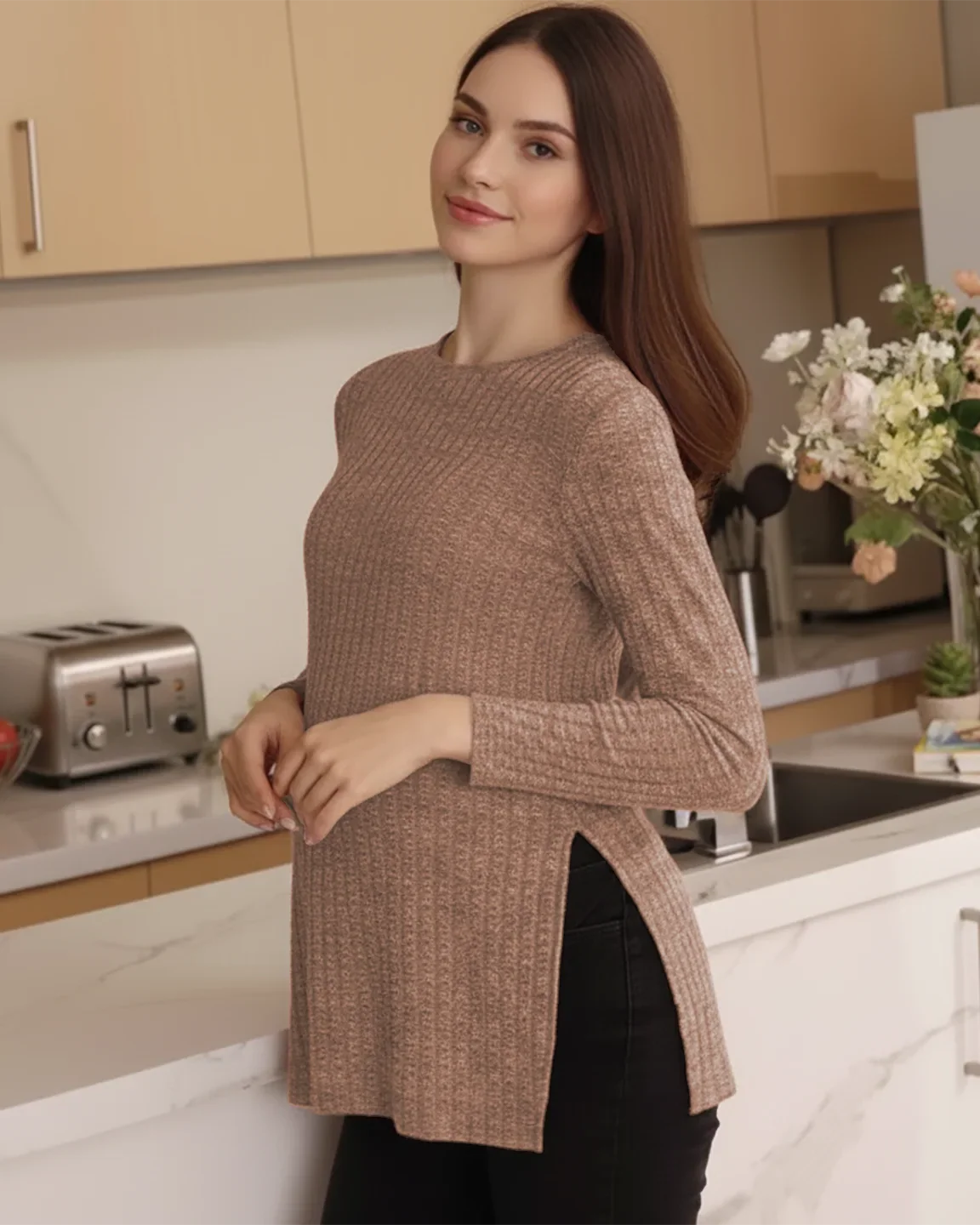 Bump Society – The Comfort Collection: Ribbed Knit Side-Slit Long Sleeve Maternity Top