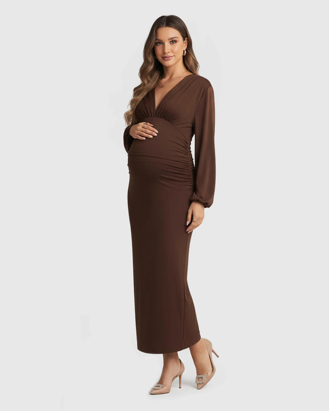 Elegant brown long-sleeve V-neck bodycon maternity maxi dress in soft stretch jersey.