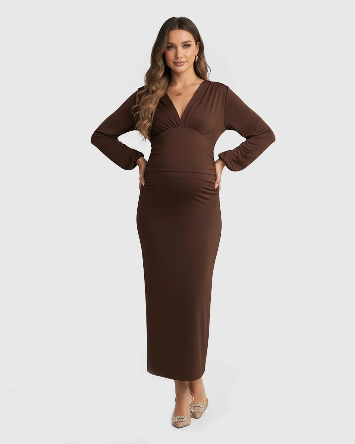 Brown long sleeve bodycon maternity maxi dress with deep V-neckline, soft stretch jersey.