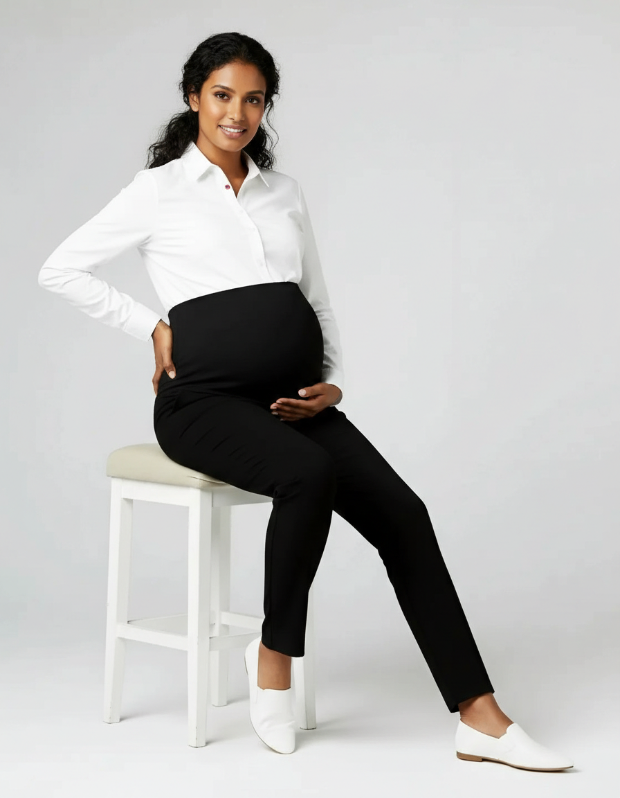 Smiling pregnant woman in a white shirt and black high-waist maternity leggings, sitting on a stool.