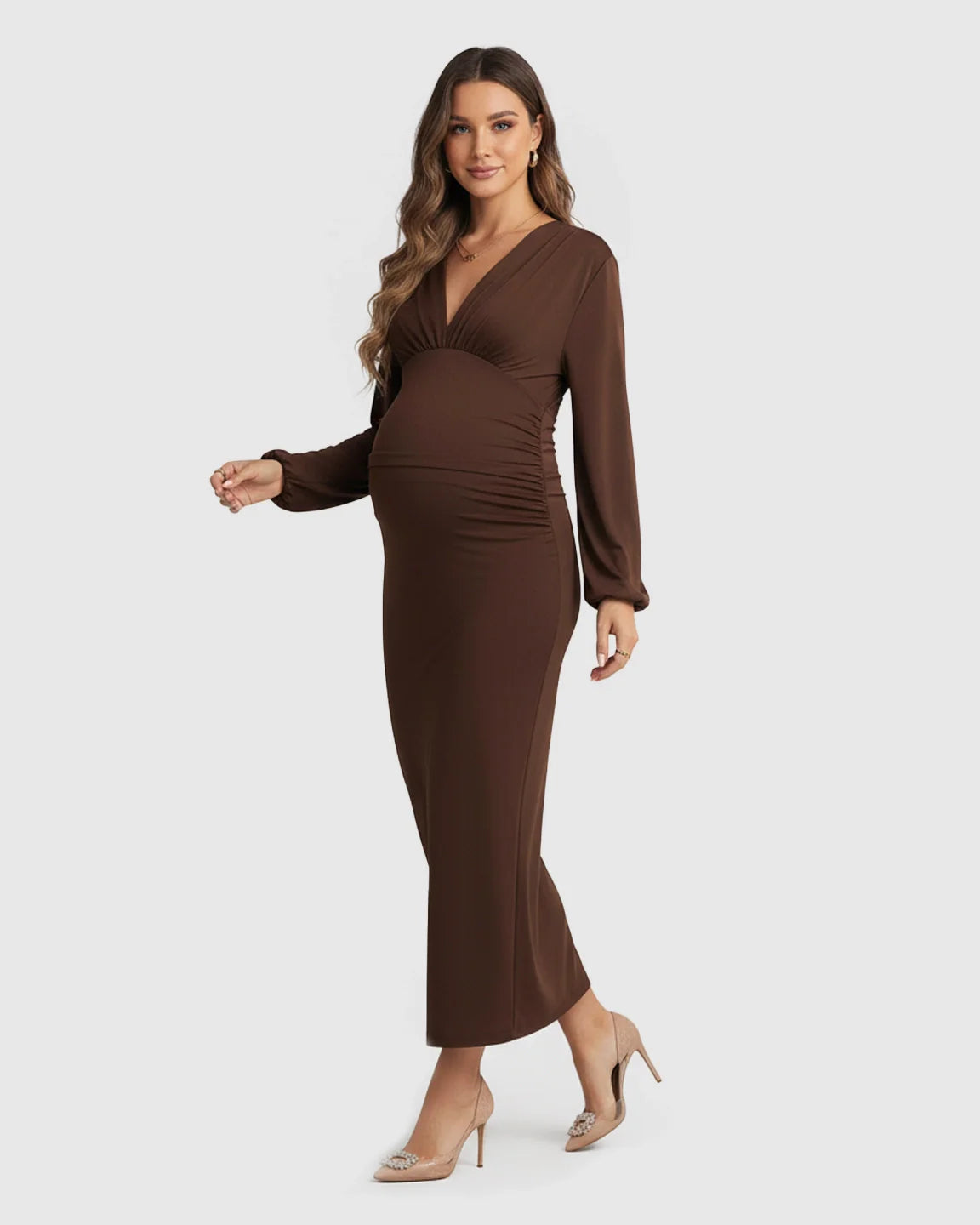 Elegant brown long sleeve V-neck bodycon maternity maxi dress in soft stretch jersey.