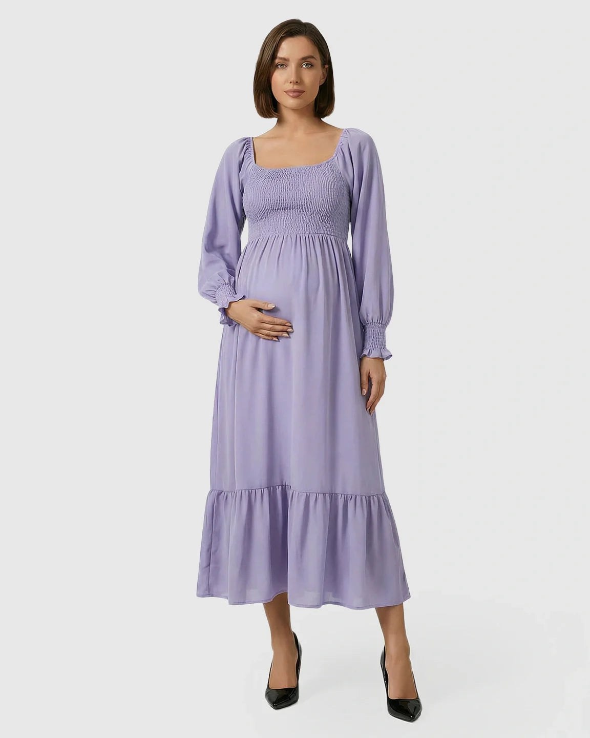 Bump Society – The Comfort Collection: Smocked Square Neck Ruffled Hem Maternity Maxi Dress