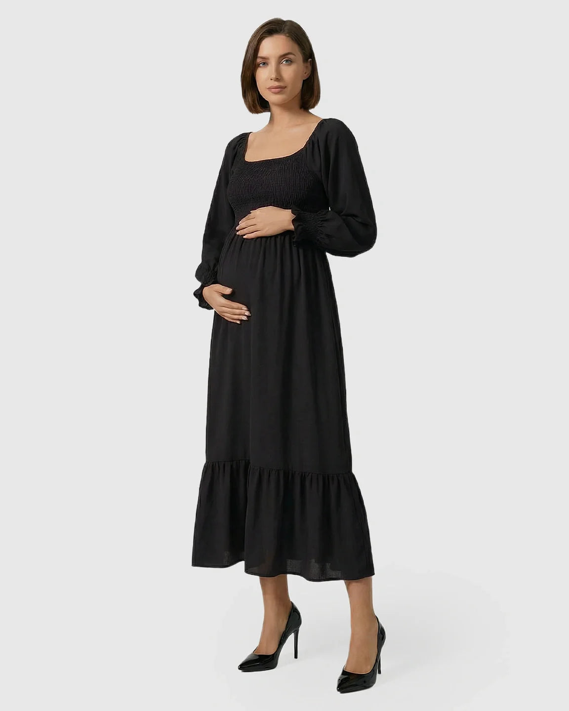 Bump Society – The Comfort Collection: Smocked Square Neck Ruffled Hem Maternity Maxi Dress