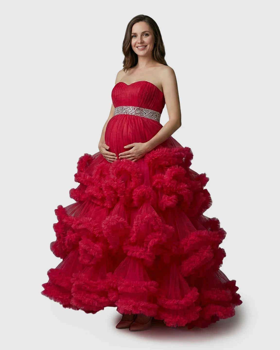 Bump Society – The Comfort Collection: Strapless Bodice Multi-Layered Ruffled Skirt Maternity Photoshoot Dress