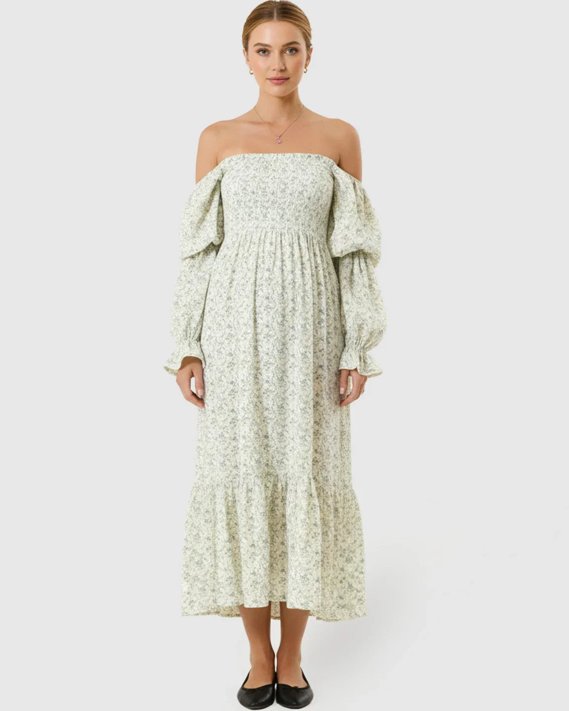 Bump Society – The Comfort Collection: Puffed Long-Sleeve Tiered Skirt Maternity Maxi Dress