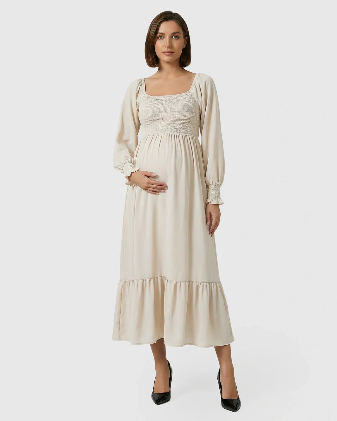 Bump Society – The Comfort Collection: Smocked Square Neck Ruffled Hem Maternity Maxi Dress
