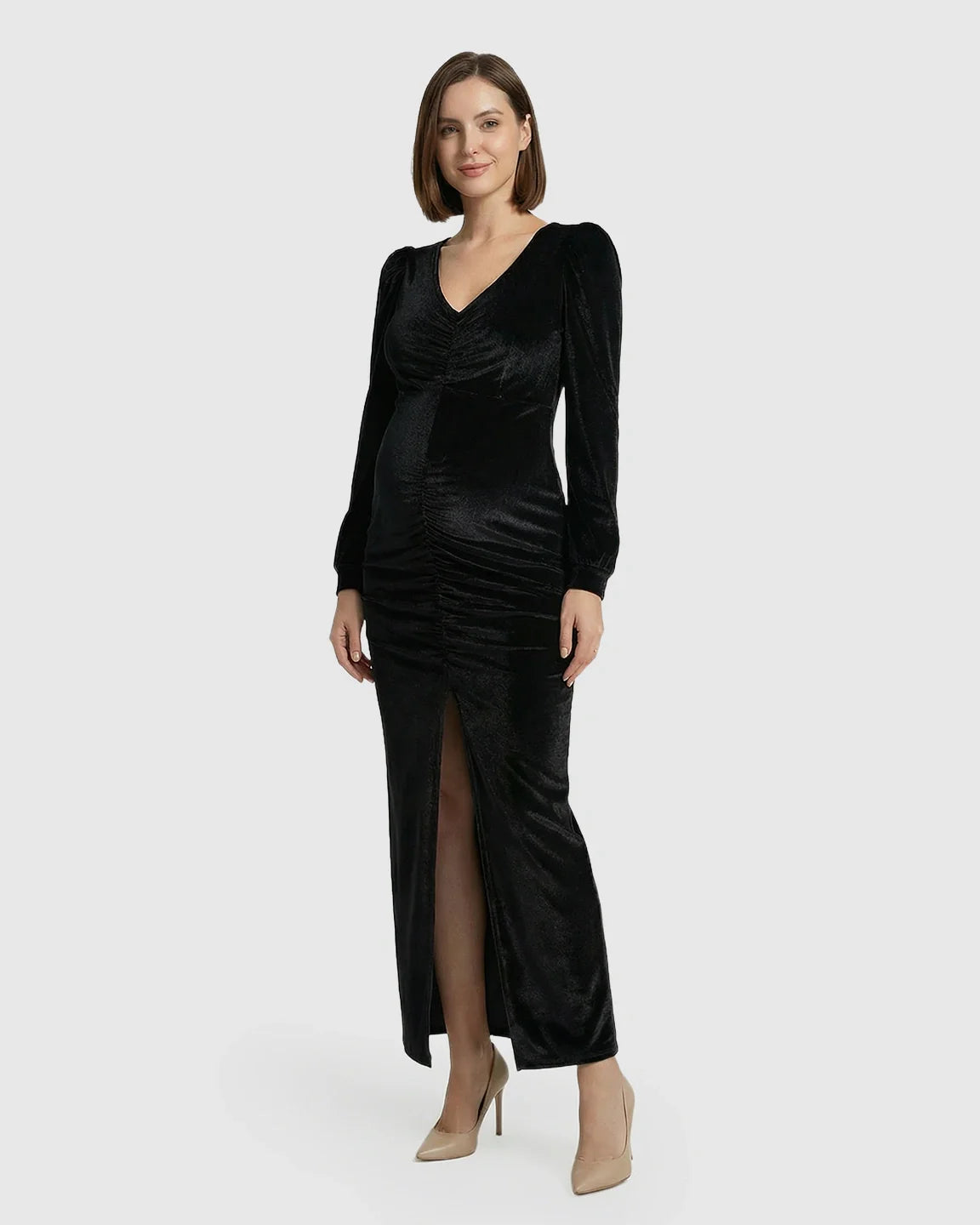 Bump Society – The Comfort Collection: Puffed Velvet Sleeves Bodycon Maternity Evening Gown