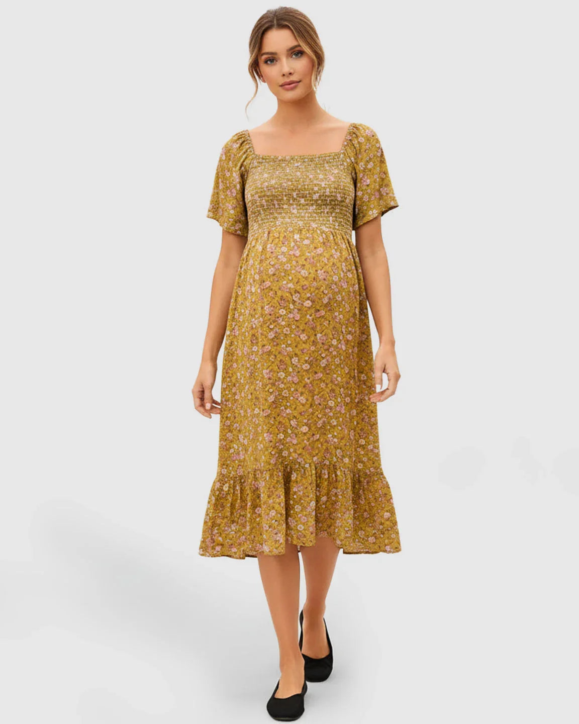 Bump Society – The Comfort Collection: Smocked Bodice Floral Maternity Midi Dress