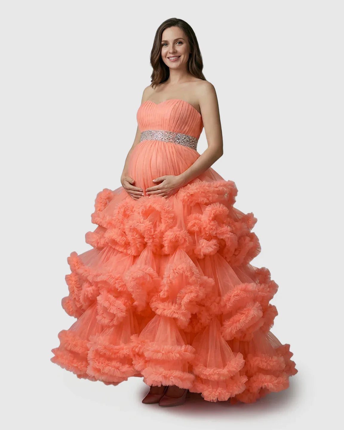 Bump Society – The Comfort Collection: Strapless Bodice Multi-Layered Ruffled Skirt Maternity Photoshoot Dress