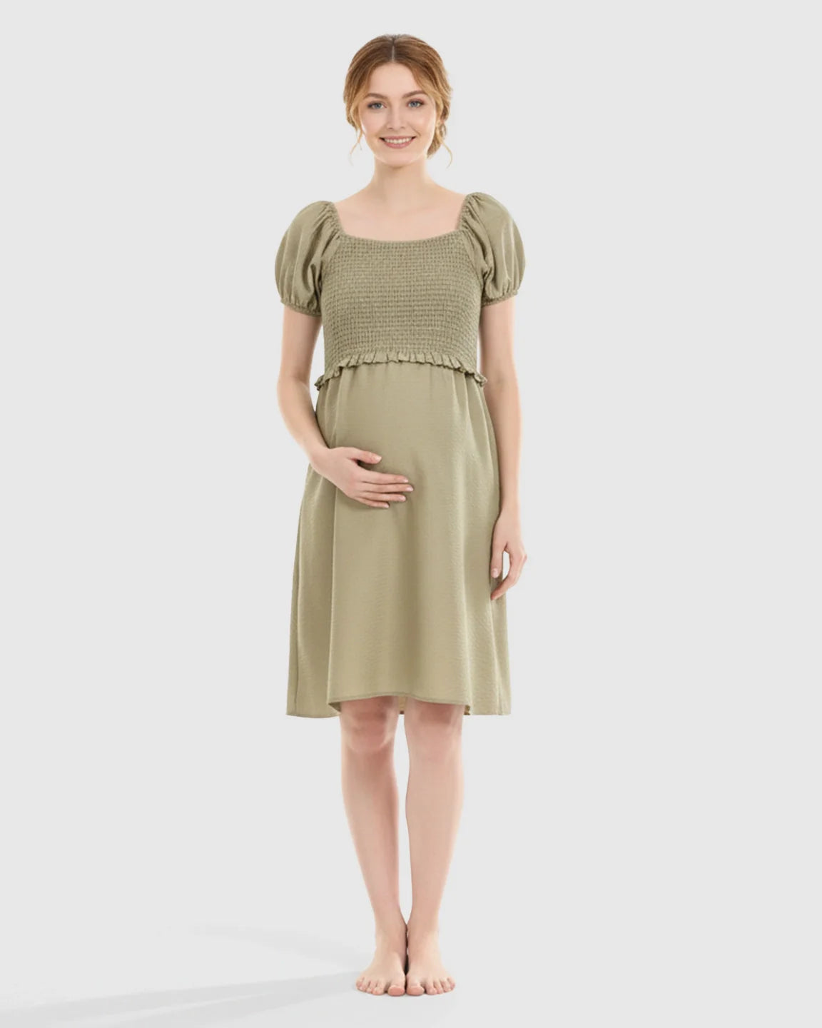 Bump Society – The Nursing Collection: Puff-Sleeve Flowy Maternity & Nursing Midi Dress
