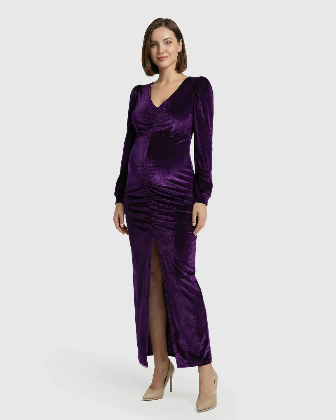 Bump Society – The Comfort Collection: Puffed Velvet Sleeves Bodycon Maternity Evening Gown