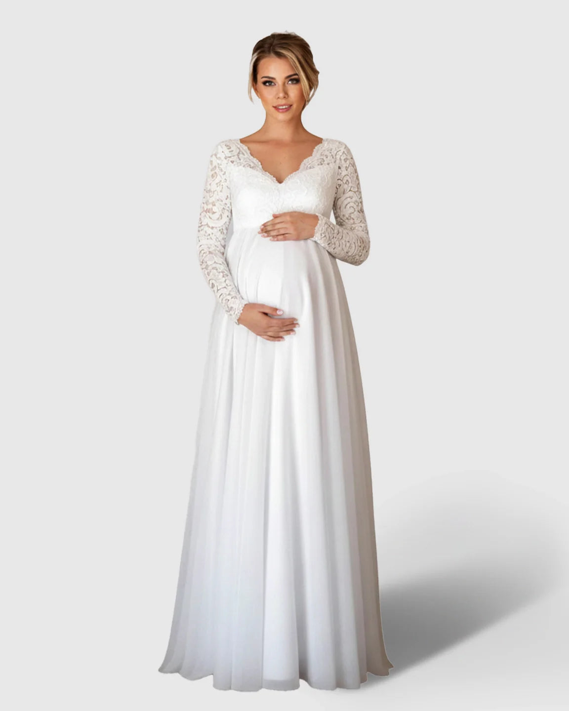 White lace long-sleeve maternity bridal gown with V-neck, Empire waist, and flowing skirt.