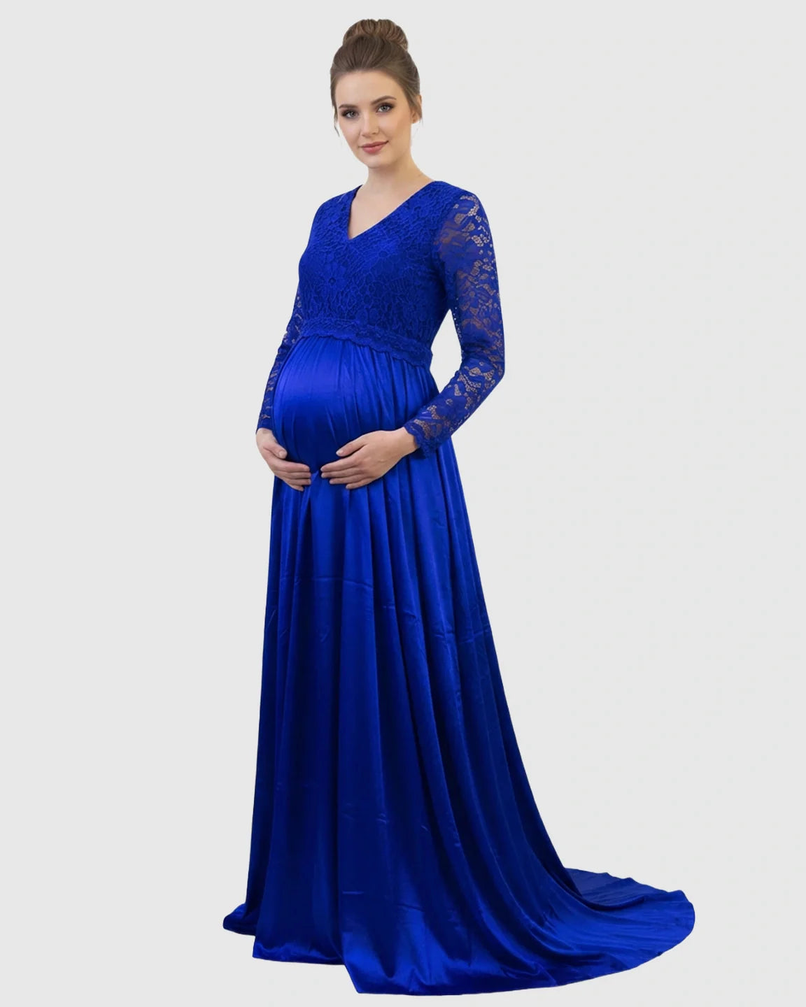 Royal blue lace-spliced bodice maternity maxi dress with V-neck and trailing skirt.