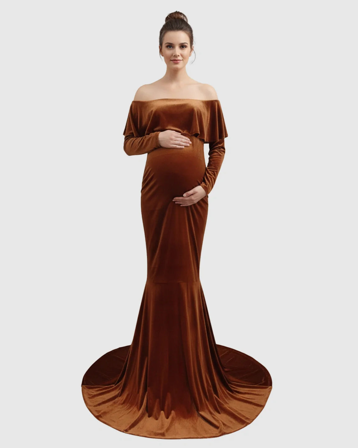 Elegant brown velvet off-shoulder maternity gown with long sleeves, fitted silhouette, and flowing train.