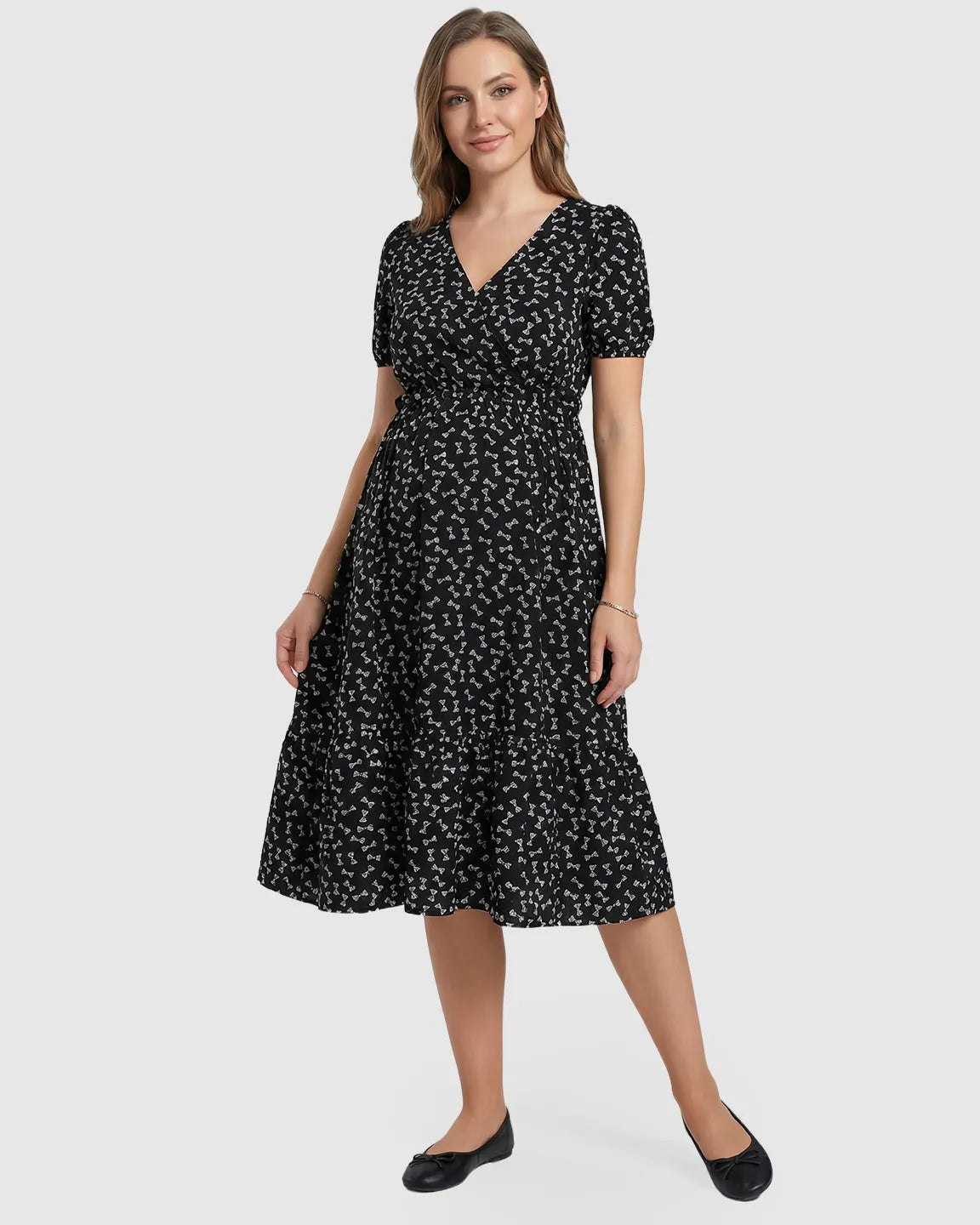 Bump Society – The Comfort Collection: Bow Tie Print Cinched A-Line Maternity Dress