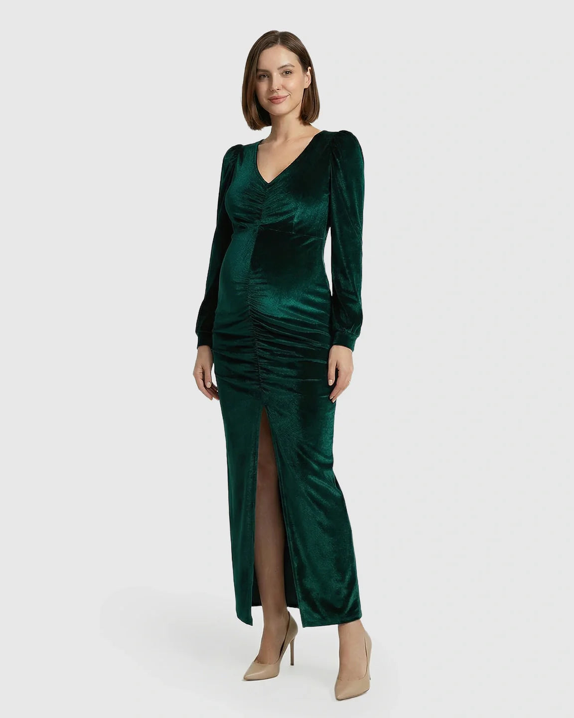 Bump Society – The Comfort Collection: Puffed Velvet Sleeves Bodycon Maternity Evening Gown
