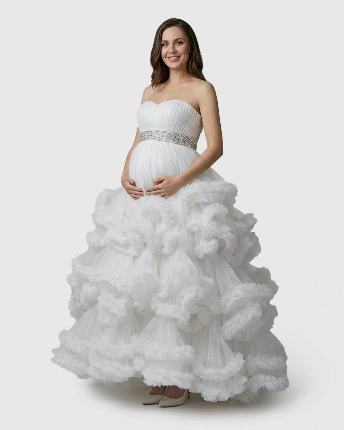 Bump Society – The Comfort Collection: Strapless Bodice Multi-Layered Ruffled Skirt Maternity Photoshoot Dress