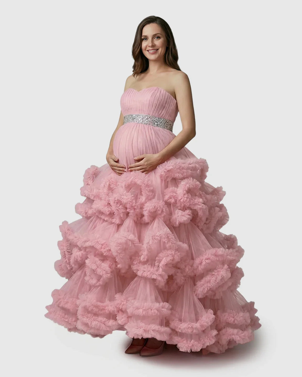 Bump Society – The Comfort Collection: Strapless Bodice Multi-Layered Ruffled Skirt Maternity Photoshoot Dress