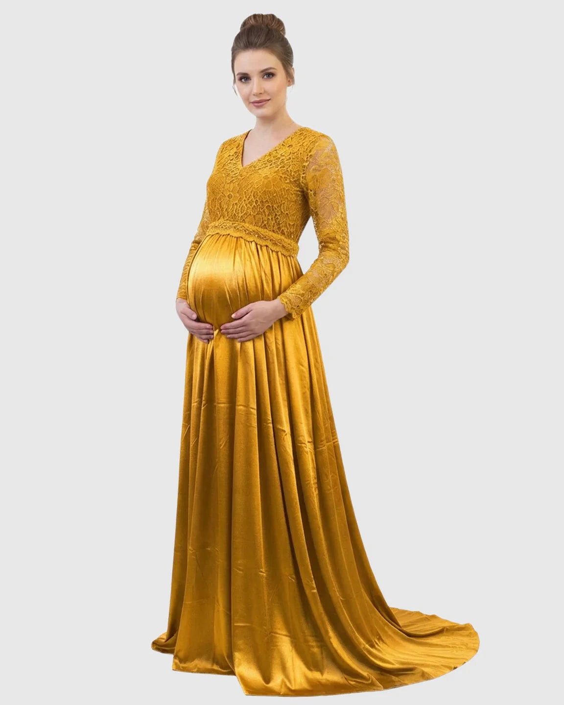Mustard yellow lace-spliced bodice, V-neck, long-sleeved maternity maxi dress with a trailing skirt.