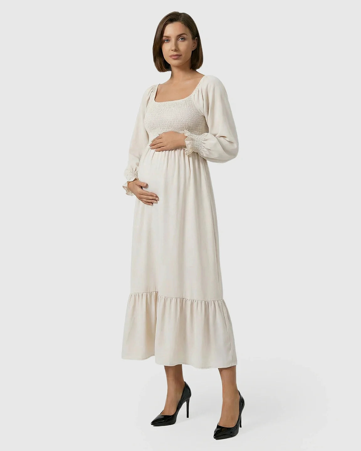 Bump Society – The Comfort Collection: Smocked Square Neck Ruffled Hem Maternity Maxi Dress