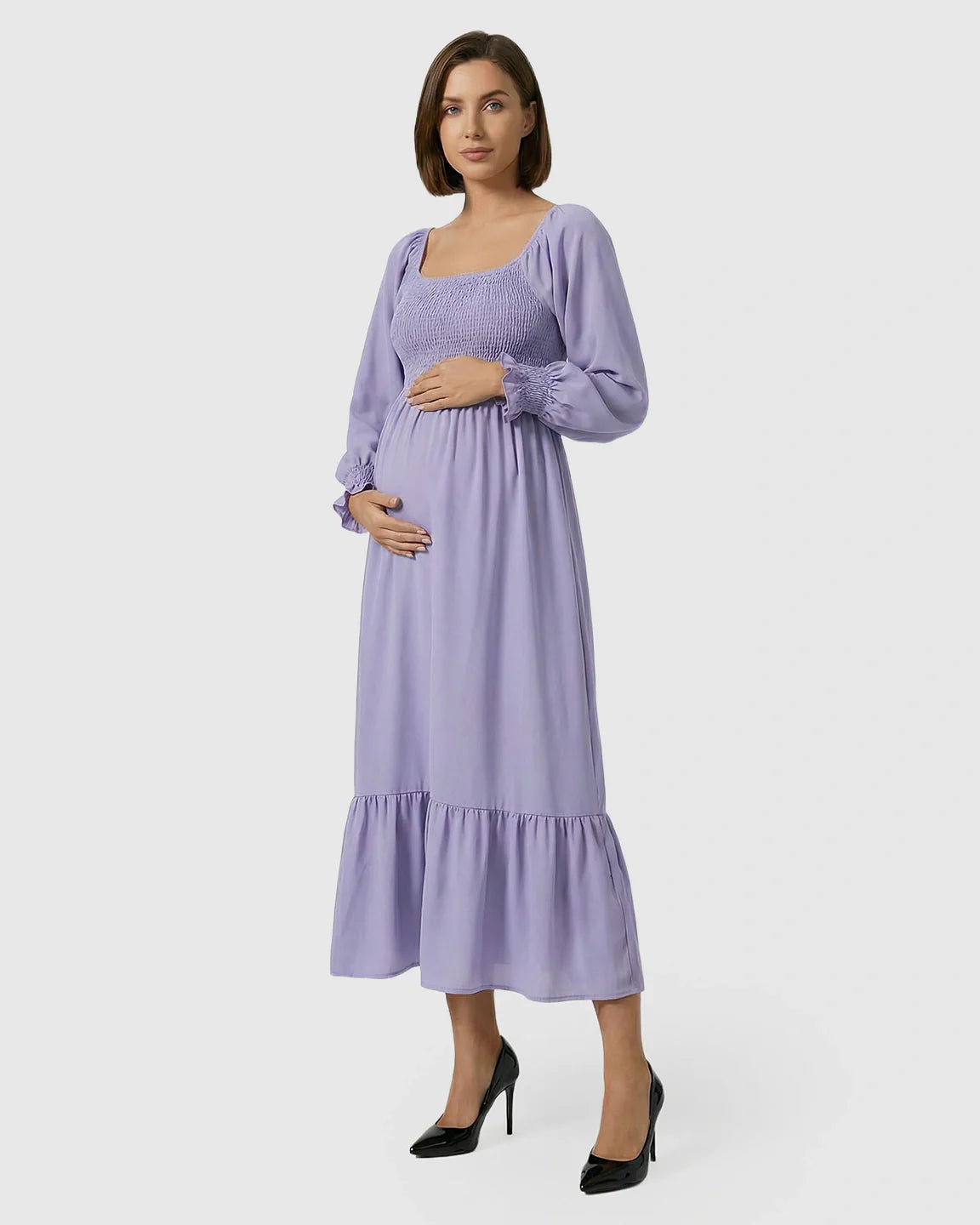 Bump Society – The Comfort Collection: Smocked Square Neck Ruffled Hem Maternity Maxi Dress