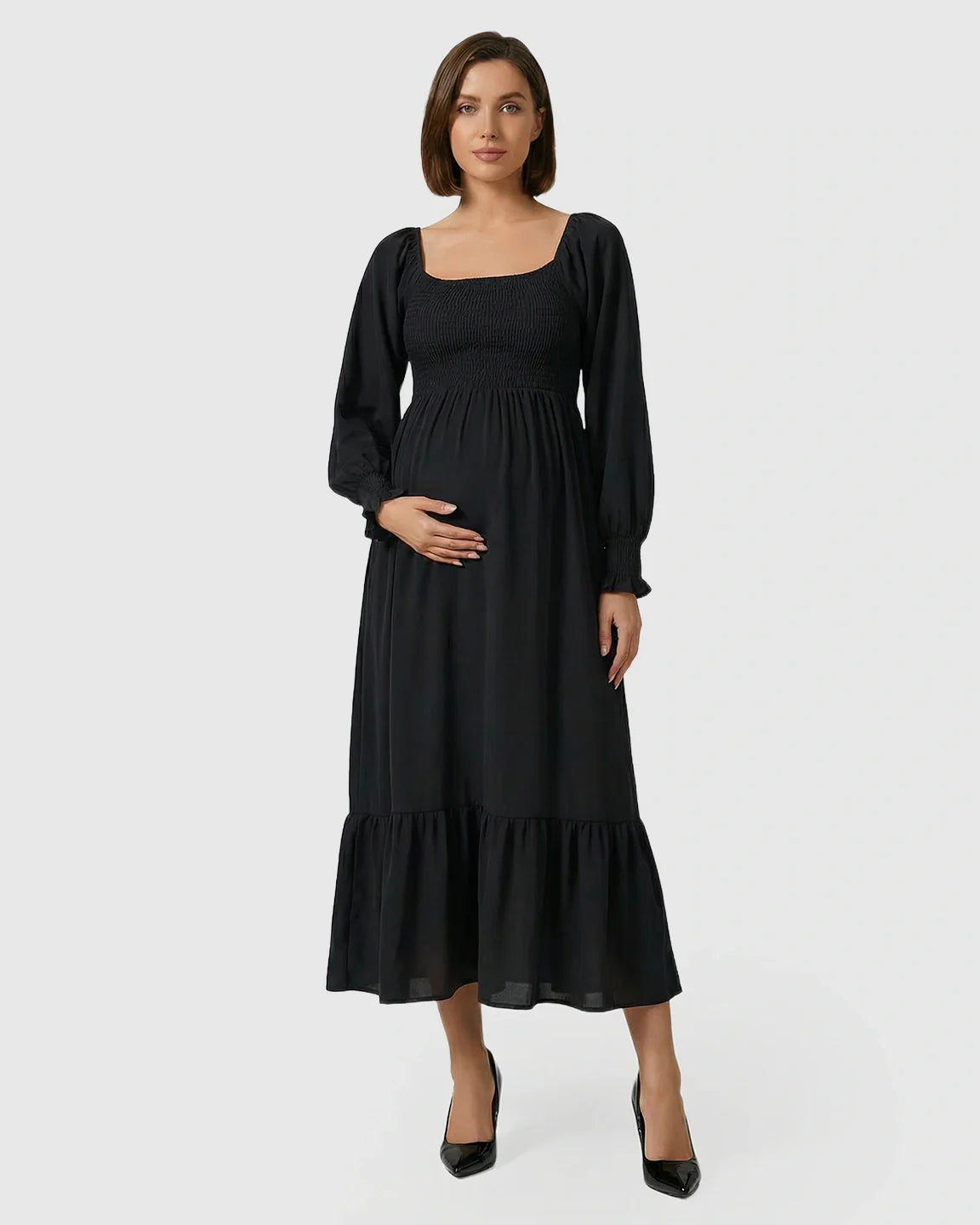 Bump Society – The Comfort Collection: Smocked Square Neck Ruffled Hem Maternity Maxi Dress