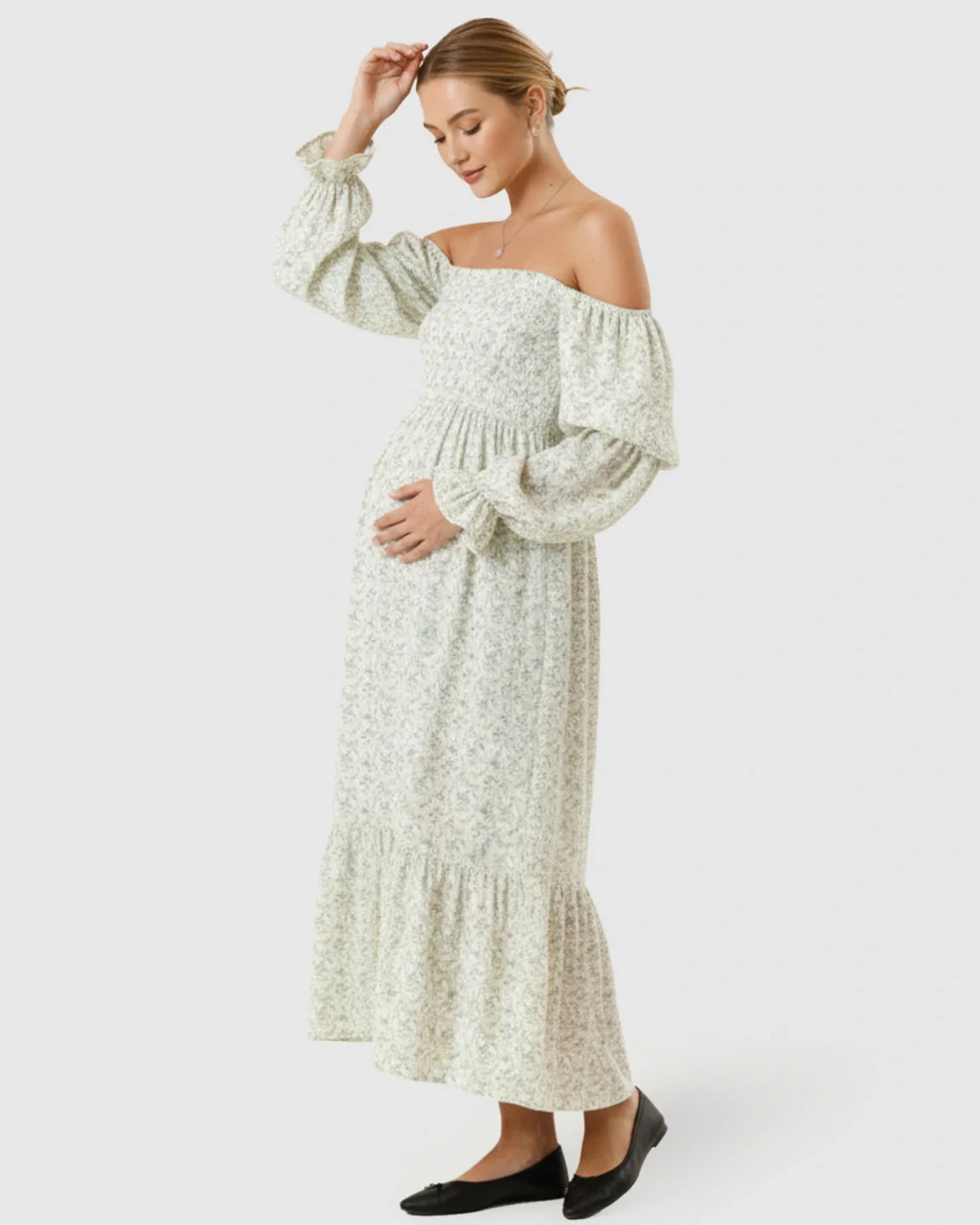 Bump Society – The Comfort Collection: Puffed Long-Sleeve Tiered Skirt Maternity Maxi Dress