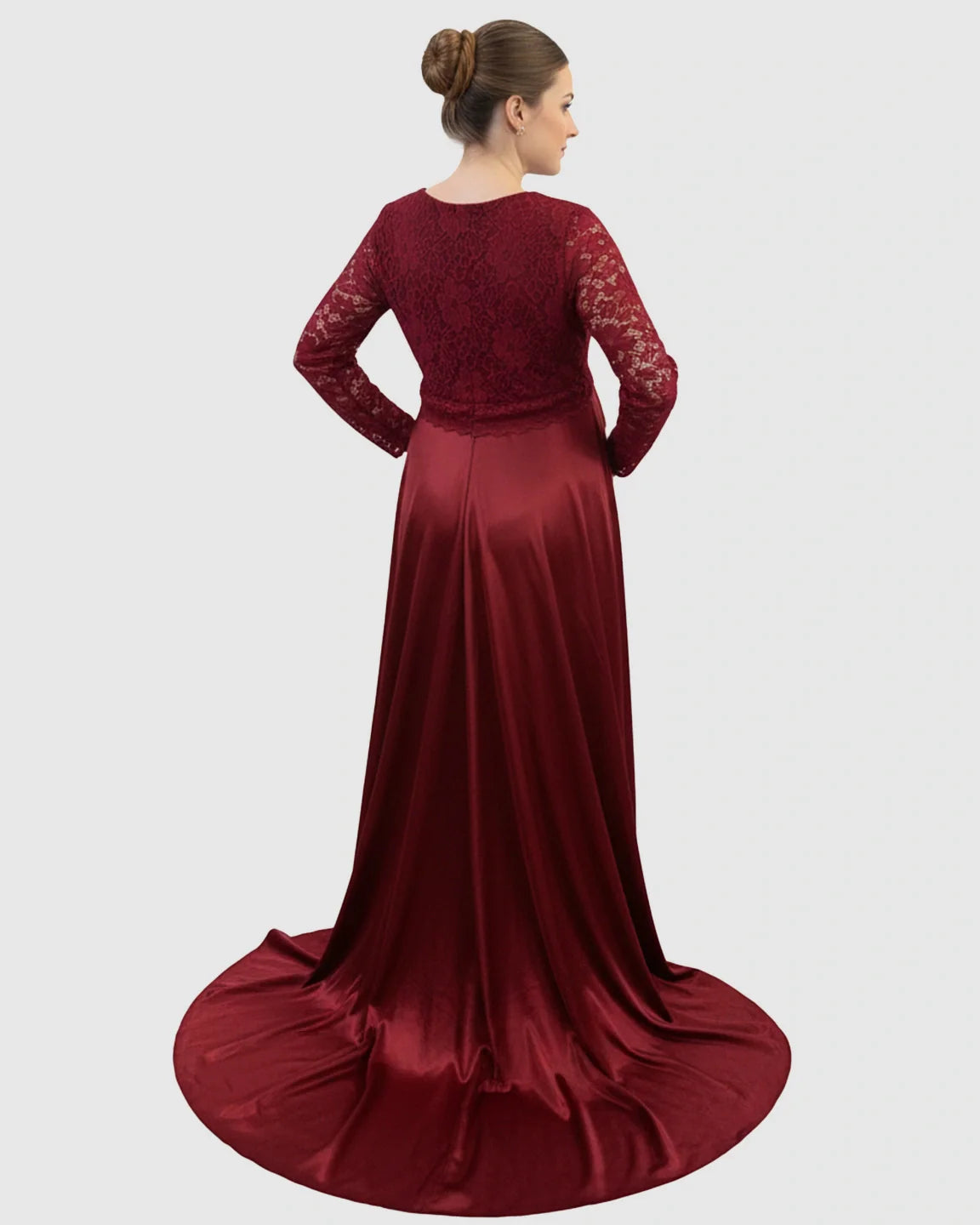 Red lace-spliced bodice and trailing skirt maternity photoshoot maxi dress.