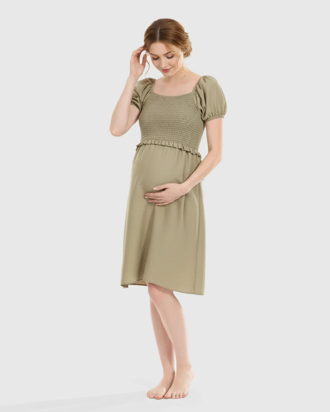 Bump Society – The Nursing Collection: Puff-Sleeve Flowy Maternity & Nursing Midi Dress