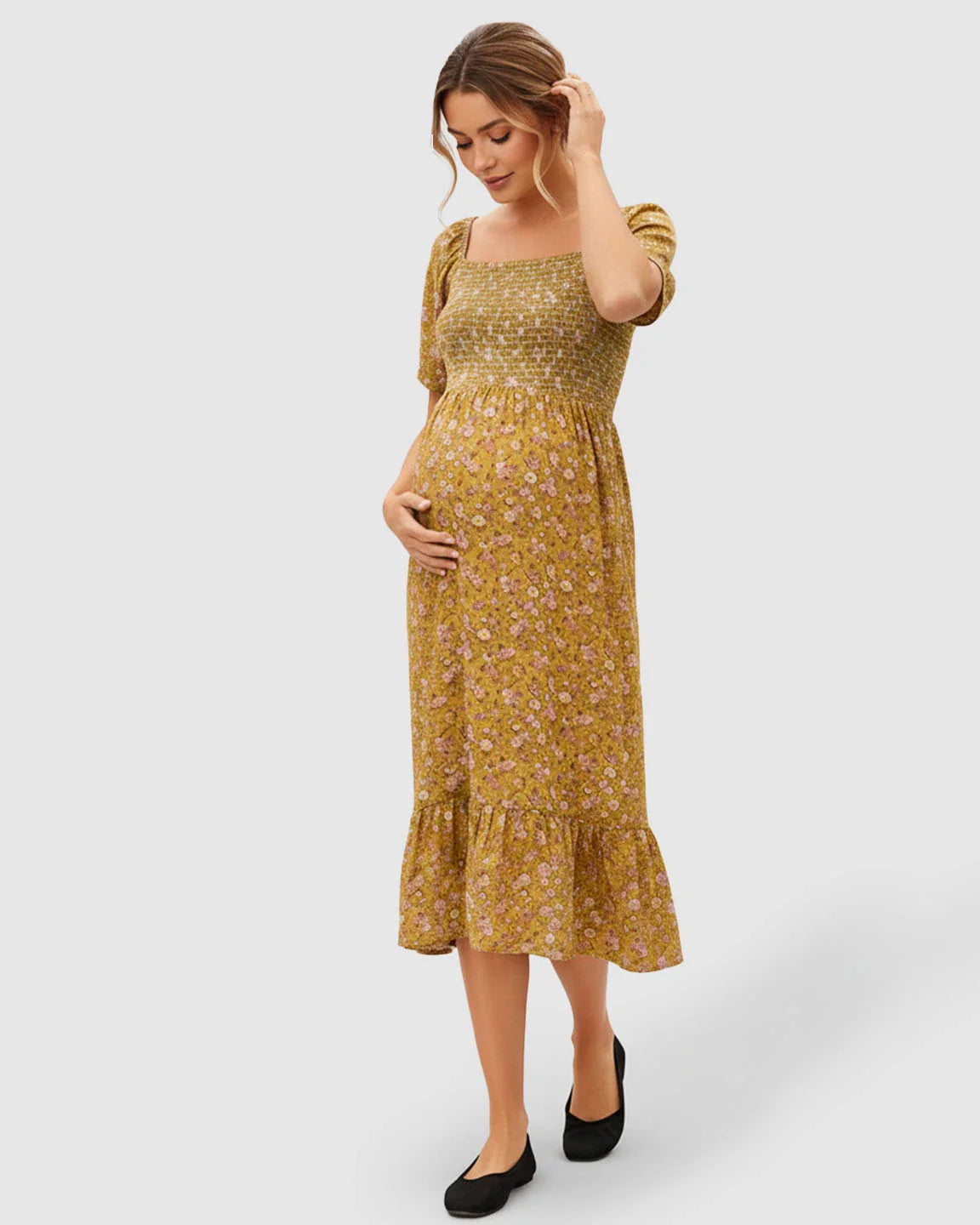 Bump Society – The Comfort Collection: Smocked Bodice Floral Maternity Midi Dress