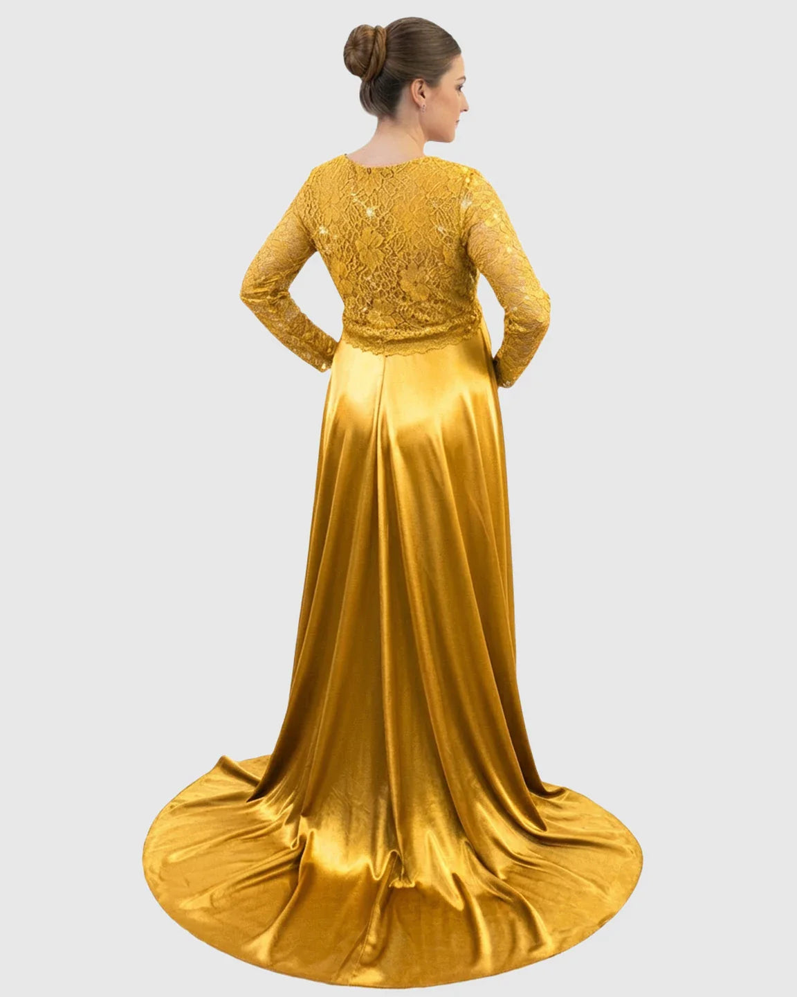 Gold lace-spliced bodice, long-sleeved maternity maxi dress with a trailing satin skirt.