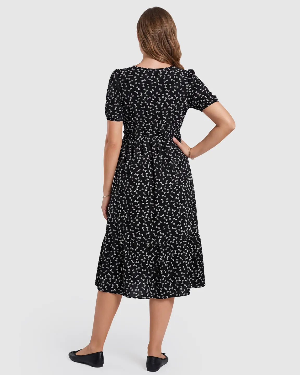 Bump Society – The Comfort Collection: Bow Tie Print Cinched A-Line Maternity Dress