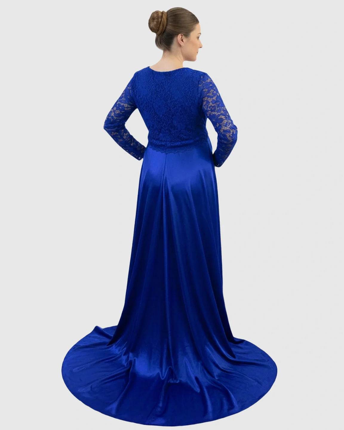 Royal blue lace-spliced bodice maxi dress with a flowing satin trailing skirt, viewed from the back.