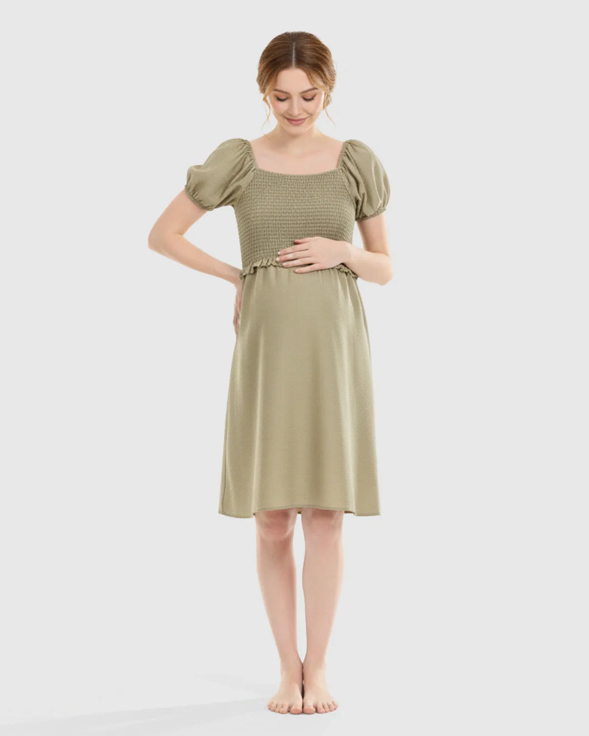Bump Society – The Nursing Collection: Puff-Sleeve Flowy Maternity & Nursing Midi Dress