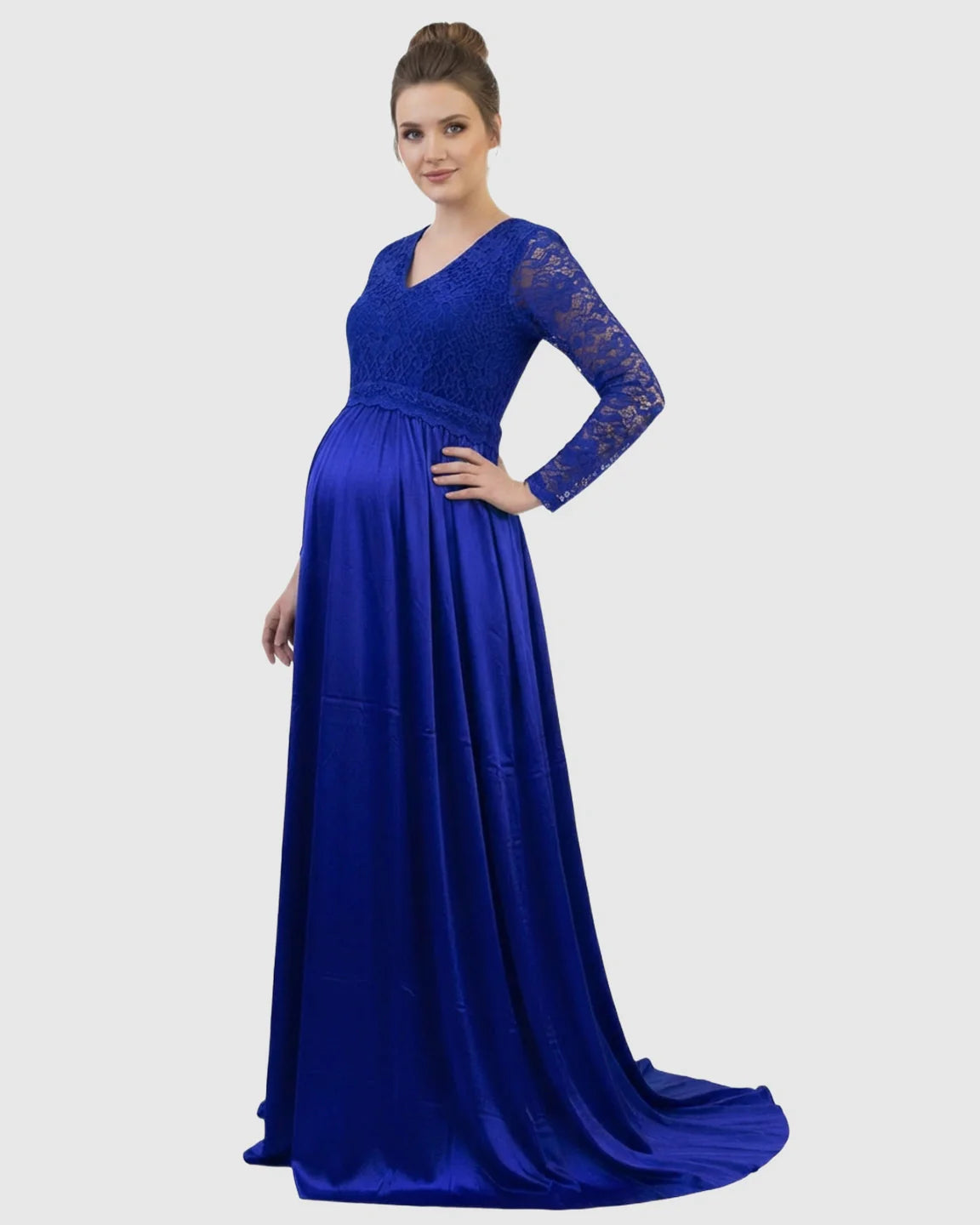 Royal blue lace-spliced bodice V-neck maternity maxi dress with trailing skirt.