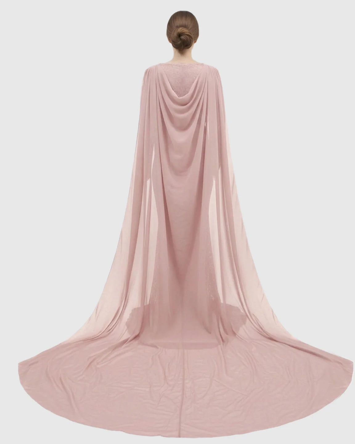 Blush pink chiffon lace cape trailing maternity photography gown with elegant drape.