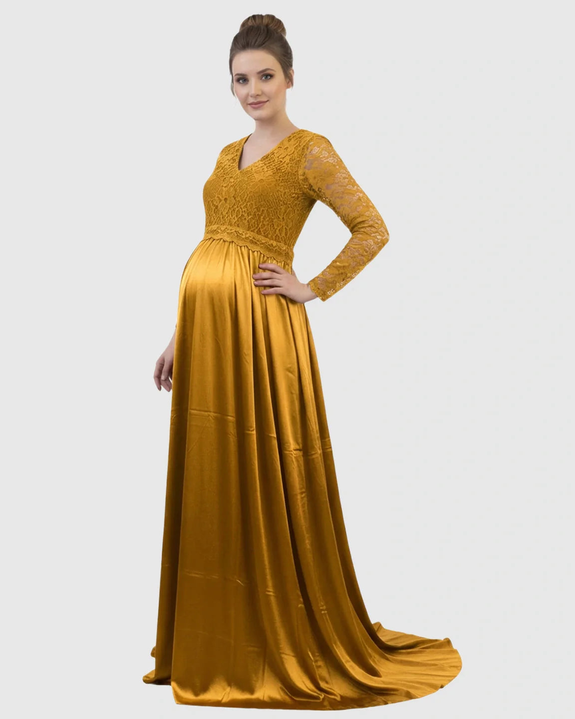 Mustard yellow lace-spliced bodice V-neck maternity maxi dress with a trailing skirt.