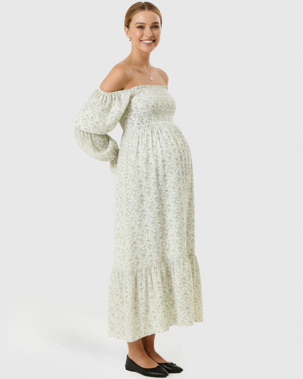 Bump Society – The Comfort Collection: Puffed Long-Sleeve Tiered Skirt Maternity Maxi Dress