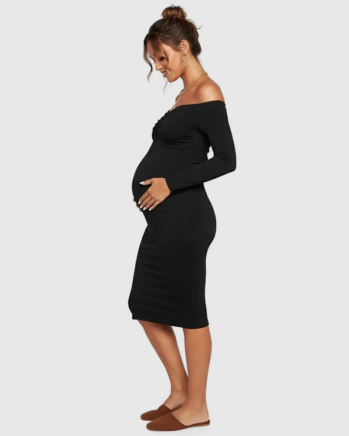 Bump Society – The Comfort Collection: Off-Shoulder Bodycon Maternity Midi Dress