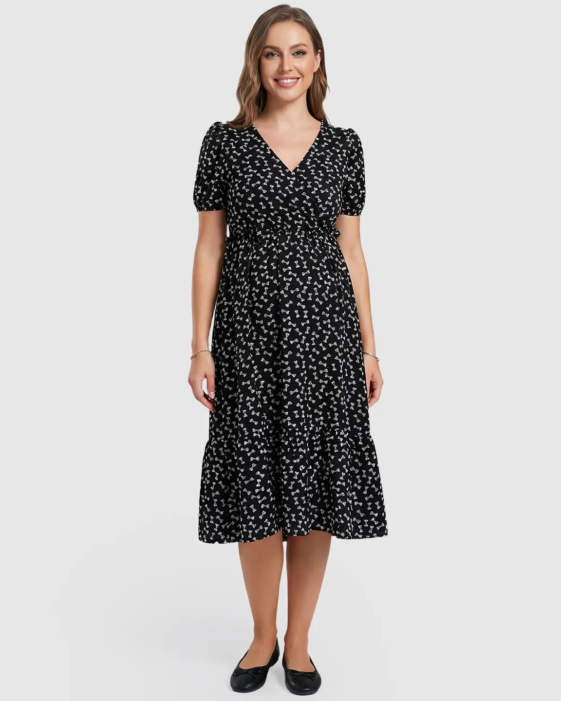Bump Society – The Comfort Collection: Bow Tie Print Cinched A-Line Maternity Dress