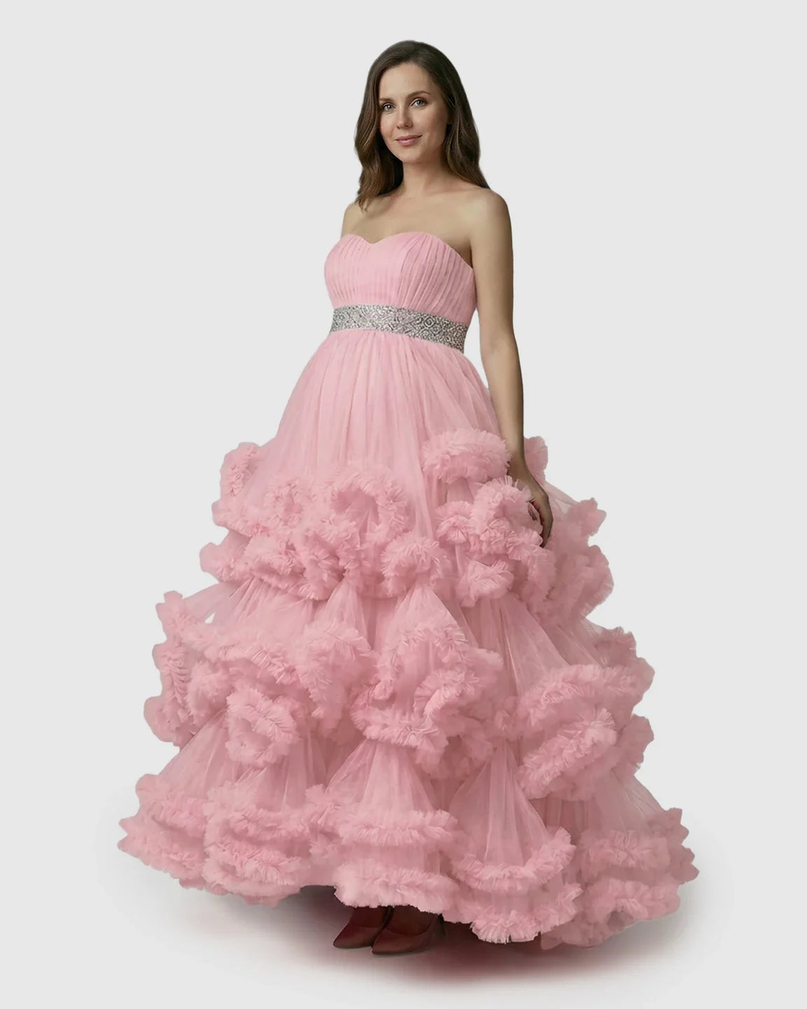 Bump Society – The Comfort Collection: Strapless Bodice Multi-Layered Ruffled Skirt Maternity Photoshoot Dress