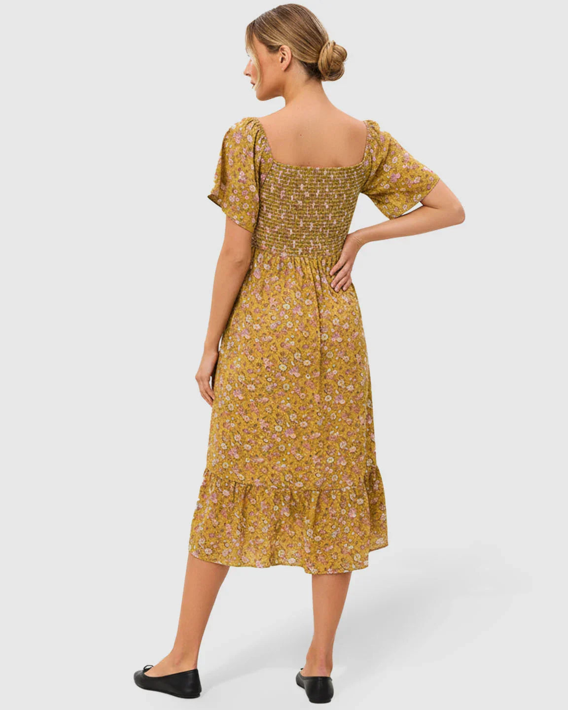 Bump Society – The Comfort Collection: Smocked Bodice Floral Maternity Midi Dress
