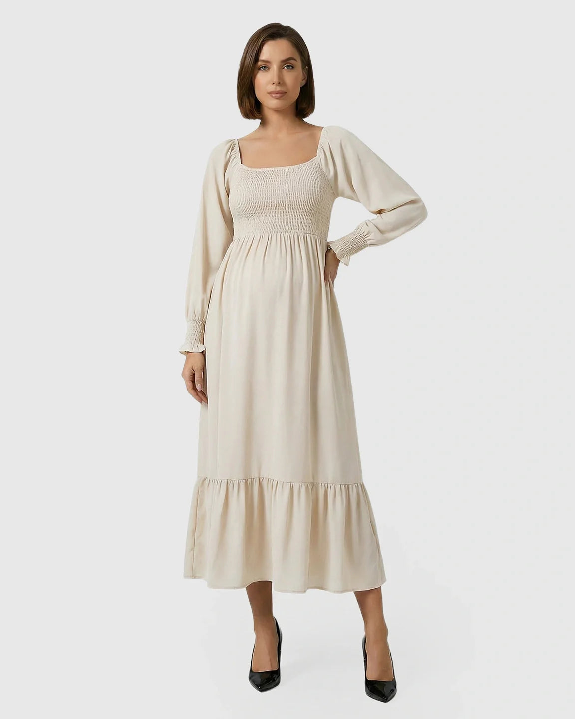 Bump Society – The Comfort Collection: Smocked Square Neck Ruffled Hem Maternity Maxi Dress